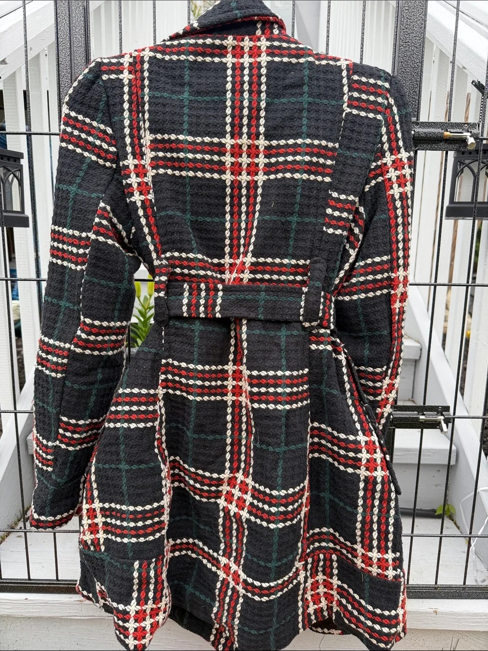 Plaid Belted Wool-Blend Trench Coat - blue, orange, green, Cream - Picture 7 of 7